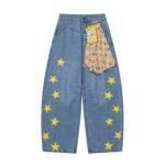Star Print Plaid Splicing Denim High Waist Loose Tapered Pants - Image 3
