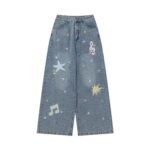 Star Print Plaid Splicing Denim High Waist Loose Tapered Pants - Image 4