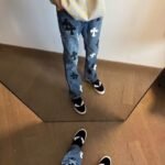 High Street Style Cross Leather Patch Denim Pants Casual Loose Fit Slight Flare Long Trousers - Image 4