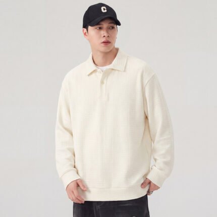 Men's Heavyweight Polo Collar Sweatshirt - Minimalist Pullover Top, Loose Fit