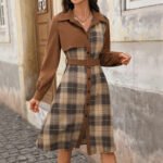Russian Plaid Corduroy Long Sleeve Split Midi Dress - Image 6