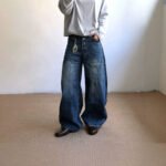Retro Style Buttoned Knife-Edge Denim Pants for Men, Summer Loose Lazy-Fit Snap-Button Casual Long Pants