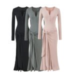 Long Sleeve V-Neck Shawl Button Slim Fit Waist-Cinching Women's Knit Long Dress - Image 2