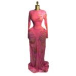 Printed Long Sleeve Mesh Ruched Maxi Party Dress