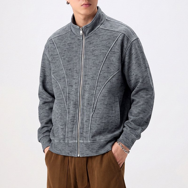 596957374 Men's Vintage Old Money Style Textured Knit Stand Collar Relaxed Fit Casual Jacket - Image 1