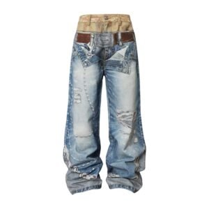 Vintage Color-Block Waist Straight Wide-Leg Denim Jeans