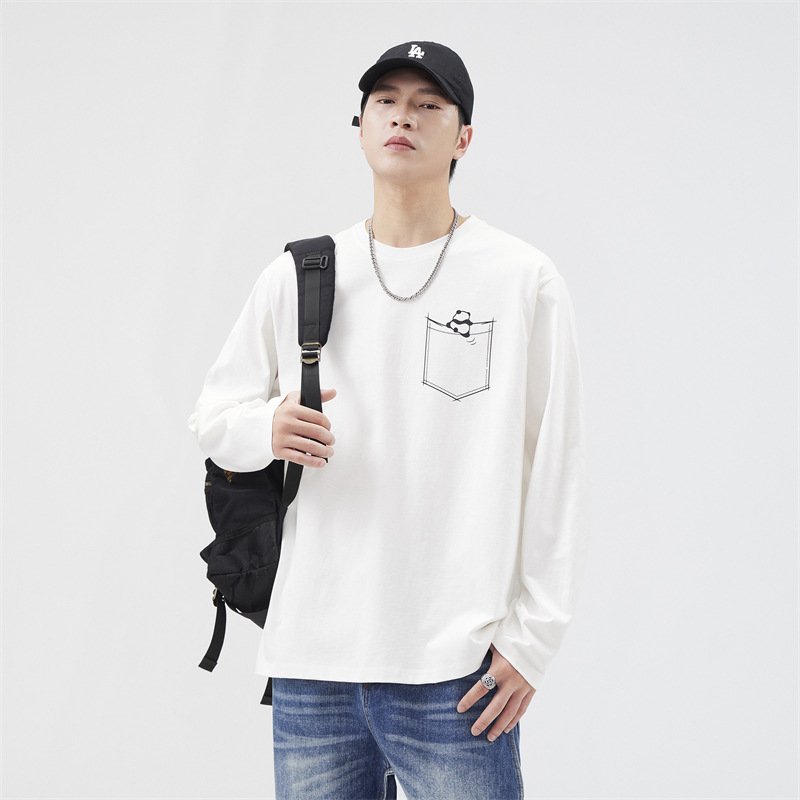 596953606 Men's Soft Comfortable Long Sleeve T-Shirt with Cute Print, Pure Cotton Loose Fit Top - Image 1