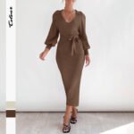 Long Lantern Sleeve Waist Cinching Long Knitted Sweater Dress - Image 3