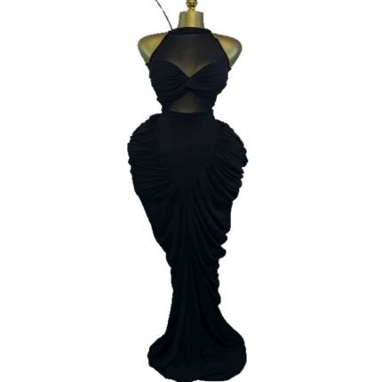 Round neck pleated mesh slim fit hip hugging dress