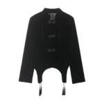 Simple single row buckle stand up collar velvet jacket top for women - Image 5