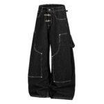 Deconstructed Cargo Denim Jeans Unisex Contrast Stitching Wide Leg Loose Pants with Buckle Belt - Image 2