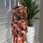 Printed Long Sleeve Ruched Mesh Lining Maxi Dress - Image 5