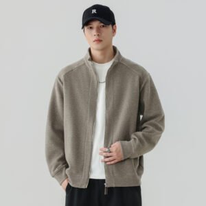 Men's Dark Gray Stand Collar Zipper Long Sleeve Loose Casual Hoodie Jacket