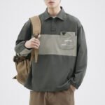 Retro Color Block Splicing Long Sleeve Turn-down Collar Polo Shirt - Image 2