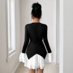 Elegant Color Block Long Sleeve Pleated Ruffle Trim Mini Dress - Image 5