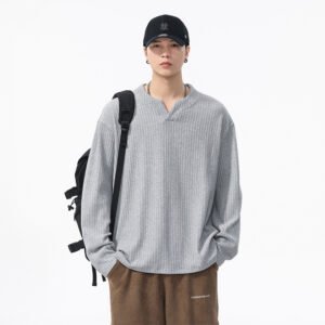 Old Money Style Textured Long Sleeve V-Neck T-Shirt for Men