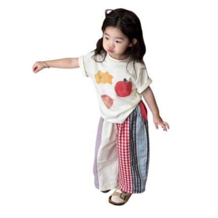 Cartoon Print Short Sleeve and Color-blocked Wide Leg Pants Trendy