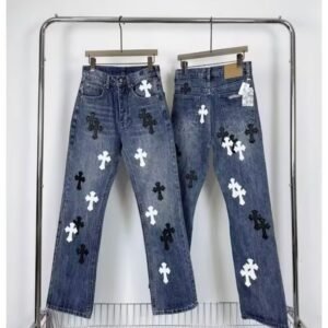 High Street Style Cross Leather Patch Denim Pants Casual Loose Fit Slight Flare Long Trousers