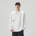 Vintage Fun Embroidery Long Sleeve Men's Heavyweight Cotton Loose White T-Shirt