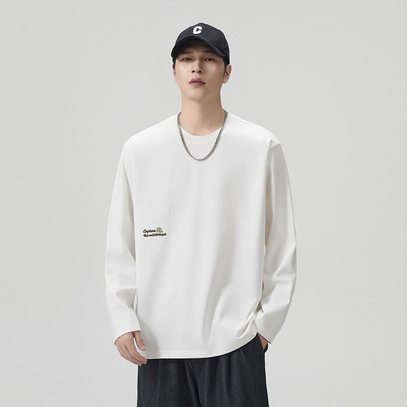 596953652 Vintage Fun Embroidery Long Sleeve Men's Heavyweight Cotton Loose White T-Shirt - Image 1