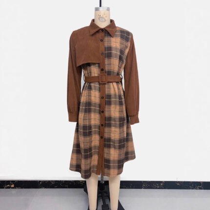 Russian Plaid Corduroy Long Sleeve Split Midi Dress