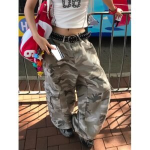 Vintage Camouflage Gray Cargo Jeans Summer New Loose Casual Multi-Pocket Versatile Wide Leg Long Pants