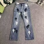 High Street Style Cross Leather Patch Denim Pants Casual Loose Fit Slight Flare Long Trousers - Image 6