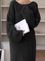Gentle Elegant Knitted Loose Fit Mid-Length Over-Knee Women's Sweater Dress - Image 9