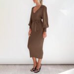 Long Lantern Sleeve Waist Cinching Long Knitted Sweater Dress - Image 4