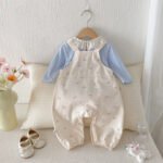 Cute Baby Girl Overalls Set with Applique, Ruffled Collar Bodysuit Two-Piece Outfit - Image 4