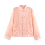 Rope knot button long sleeved stand up collar shirt for women - Image 4