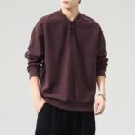 Men's  Vintage Long Sleeve Henley Collar Loose Sweatshirt - Image 3