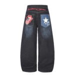 Vibe Washed Patchwork Print High Waist Loose Drape Wide Leg Jeans - Image 3