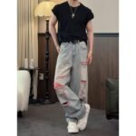 Casual Vintage Street Style Washed Denim Pants for Men, Loose Fit, Fashionable and Versatile Straight Leg Jeans - Image 2