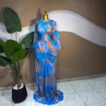 Printed Long Sleeve Mesh Ruched Maxi Party Dress - Image 7