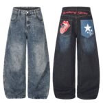 Vibe Washed Patchwork Print High Waist Loose Drape Wide Leg Jeans - Image 4