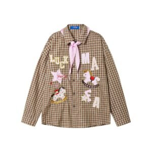 Long Sleeve Shirt Unisex Collar Scarf Tie Patchwork Embroidery Horse Motif Oversized Top