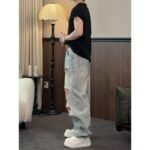 Casual Vintage Street Style Washed Denim Pants for Men, Loose Fit, Fashionable and Versatile Straight Leg Jeans - Image 4