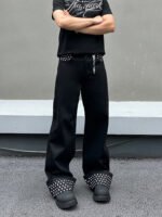 Fashion Cuffed Polka Dot Black Straight Leg Jeans Men's Light Asian Style Loose Slimming Clean Fit Pants - Image 6