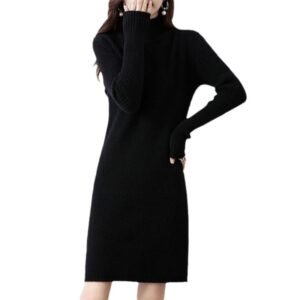 Women's Half Turtleneck Cashmere Knit Dress, Thickened Loose Fit Midi Sweater Dress