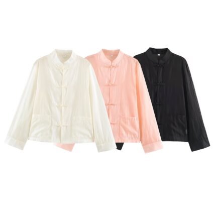 Rope knot button long sleeved stand up collar shirt for women