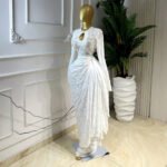 Jacquard Long Sleeve Ruched Tie Ribbon Maxi Dress