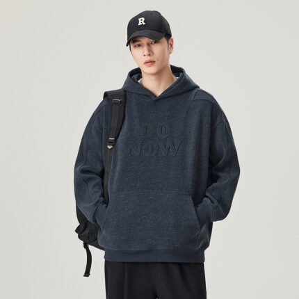 Letter Embroidery Heavyweight Loose Fit Kangaroo Pocket Hooded Men's Sweatshirt