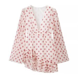 Slim fit irregular polka dot print deep V-neck dress for women