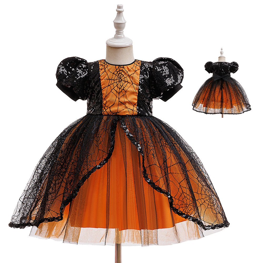596951512 Halloween Girls' Dress with Sequin Spiderweb Tulle Princess Style Cotton Lining Formal Dress - Image 1