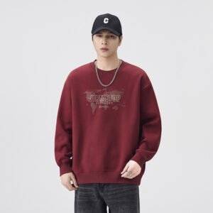 Men's Heavyweight Fleece-Lined Pullover Sweatshirt Loose Fit Red Unisex Top