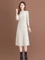 Women's  Knitted Mock Neck Mid Length Dress - Image 6