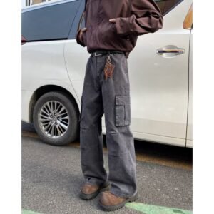 Men's Washed Cotton Cargo Pants Vintage High Street Multi-Pocket Straight Leg Loose Casual Trousers
