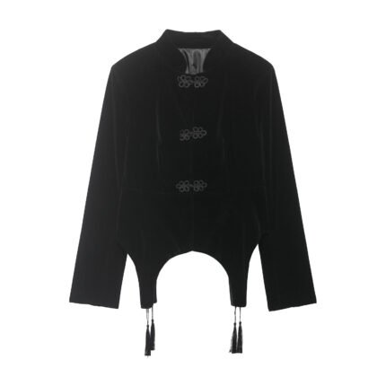 Simple single row buckle stand up collar velvet jacket top for women