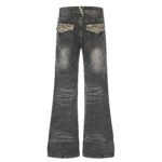 High Waist Denim Flare Jeans with Leopard Patchwork - Image 3